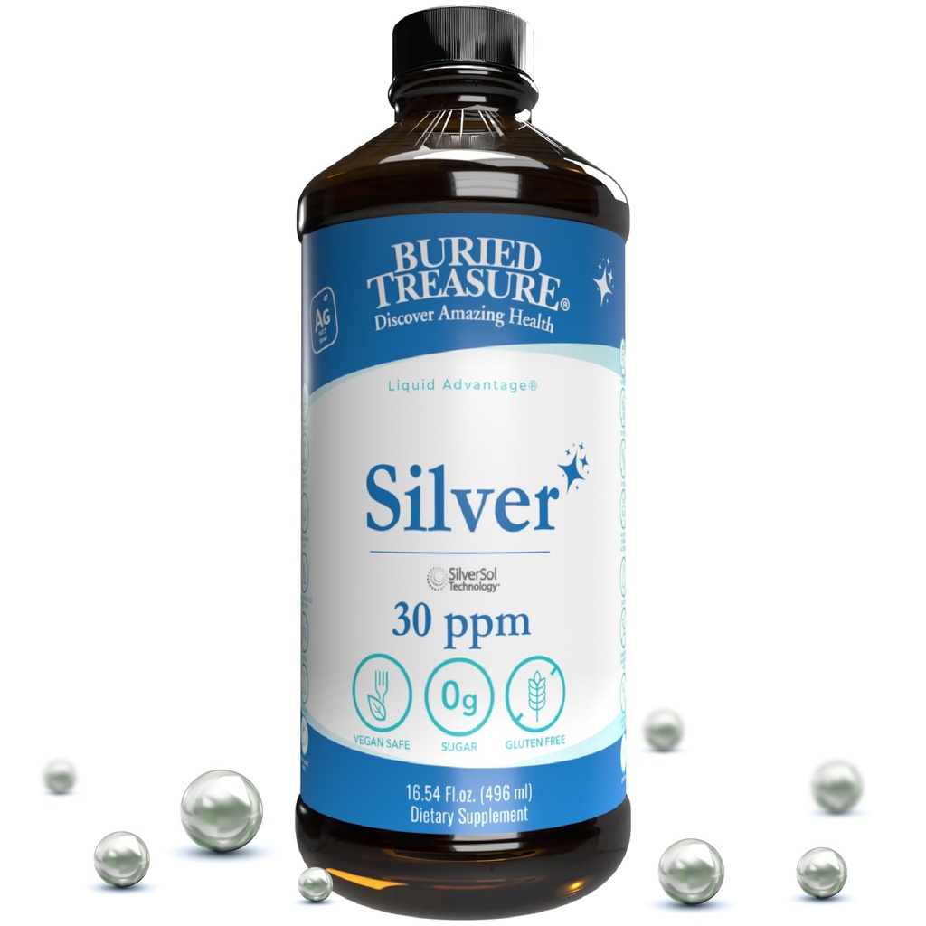 Begravd skatt Purified Silver Liquid 30 PPM - 16 oz. 96 portioner, icke-ackumulativ Nano Silverlösning, Spray & Dietary Immune Supplement