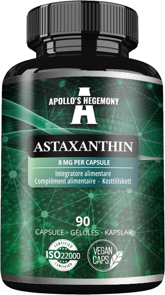 APOLLO: s HEGEMONY Astaxanthin 8 mg från Microalgae Haematococcus pluvialis - 90 Vegan kapslar - 3 månader Supply - Kraftfull antioxidant - Kosttillskott