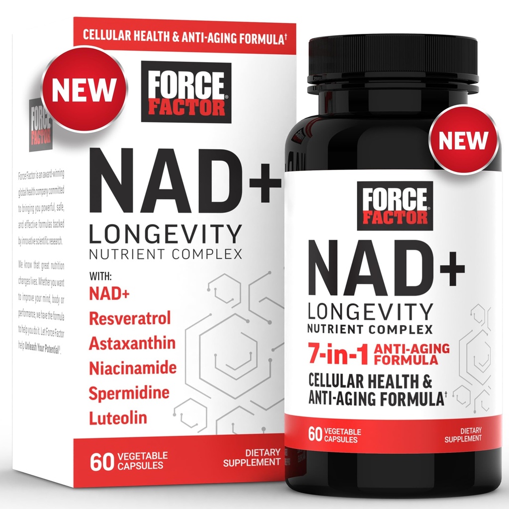 FORCE FACTOR NAD + (NMN eller Nicotinamide Riboside Alternative) med Resveratrol, Astaxanthin, Spermidine & Luteolin Complex, NAD för att stödja Cellular Health & Healthy Aging, 60 kapslar