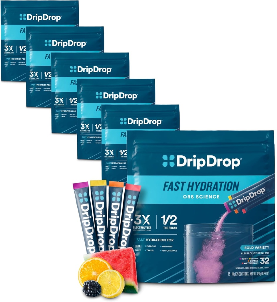DripDrop Hydration Packets - Bold Variety Pack - Single Serve Electrolytes Powder Drink Mix - Vattenmelon, Berry, Lemon, Orange - Non-GMO, Gluten Free, Vegan - 192 Sticks