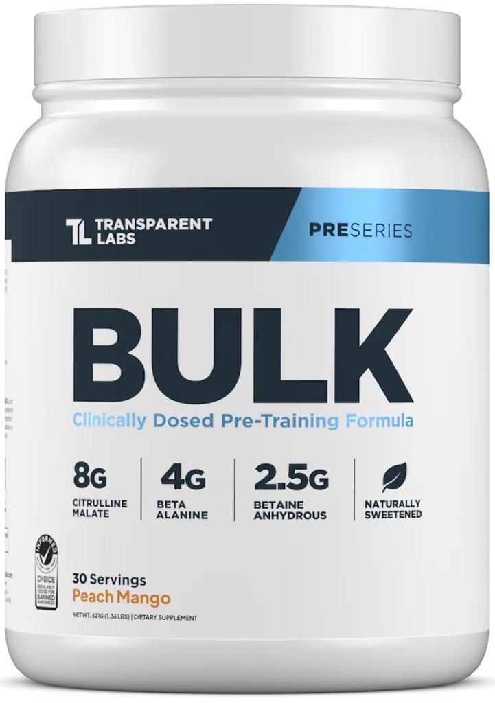 Transparent Labs Bulk Pre Workout Powder - Naturligt sötad Avancerad Pre-Workout Formel för muskelbyggnad och styrka - 30 portioner, Peach Mango