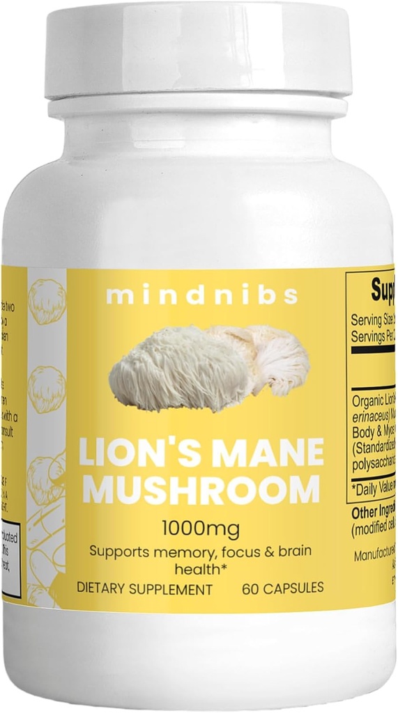 Organic Lion Mane Mushroom Capsules 1000mg - Kognitivt stöd, neuroprotektiv Nootropics, 60 Vegan Caps