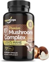 Organic Mushroom Supplement - Top 10 Mushrooms Blend with Cordyceps, Reishi, Maitake, Shiitake, Lions Mane & More | Nootropics Brain Focus Support | 2600mg | 90 Capsules