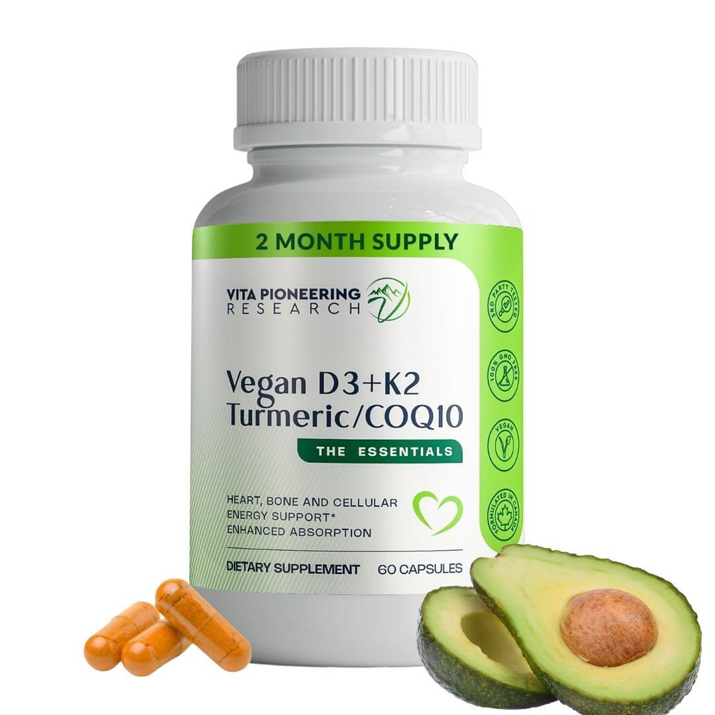 5-i-1 Vitamin D3 2000IU + K2Vital Vitamin K2 med gurkmeja och COQ10 - med Avocado pulver för förbättrad absorption - Hjärta, ben, cellulär hälsa stöd