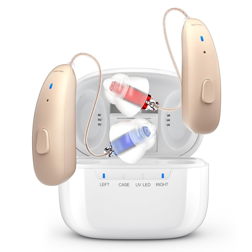 Uppladdningsbara hörapparater för seniorer - Bakom-The-Ear BTE Hearing Aid med bulleravbokning för allvarlig hörselnedsättning, osynlig OTC-hörselförstärkare med laddningsfall för vuxna