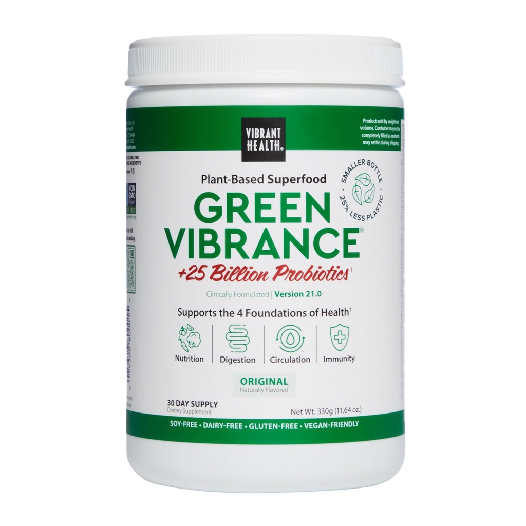 Vibrerande hälsa, grön vibrans, innehåller 65 växtbaserade superfoods, 25 miljarder probiotika, fiber, adaptogener och enzymer, 30 portioner