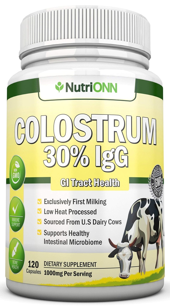 Colostrum - 1000mg - 120 kapslar - 30% IgG - Icke-GMO US Dairy - First Milking Bovine Colostrum - Låg värmebearbetad - Bra för GI Tract Health - Immun Support - Ben- och muskelhälsa