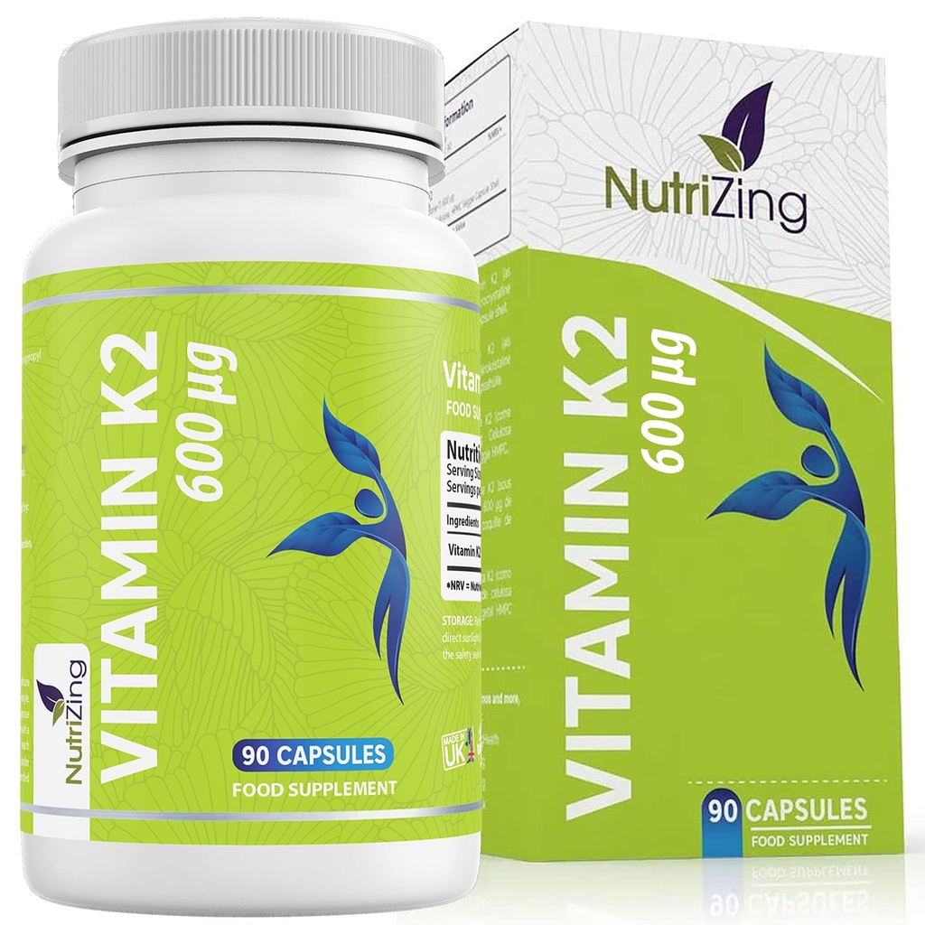 NutriZing K2 Vitamin Supplement MK-7 - Hög styrka 600mcg - Stöder Ben & Arterial Hälsa - 90 Vegan kapslar - Vitamin K2 för Män & Kvinnor - 3 månaders leverans