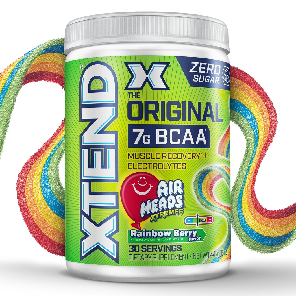 Xtend Original BCAA Powder, 7g BCAAs and 2.5g L-Glutamine for Muscle Recovery, Hydration, and Lean Muscle, Sugar Free Intra and Post Workout Drink, Airheads Xtreme Rainbow Berry, 30 Servings