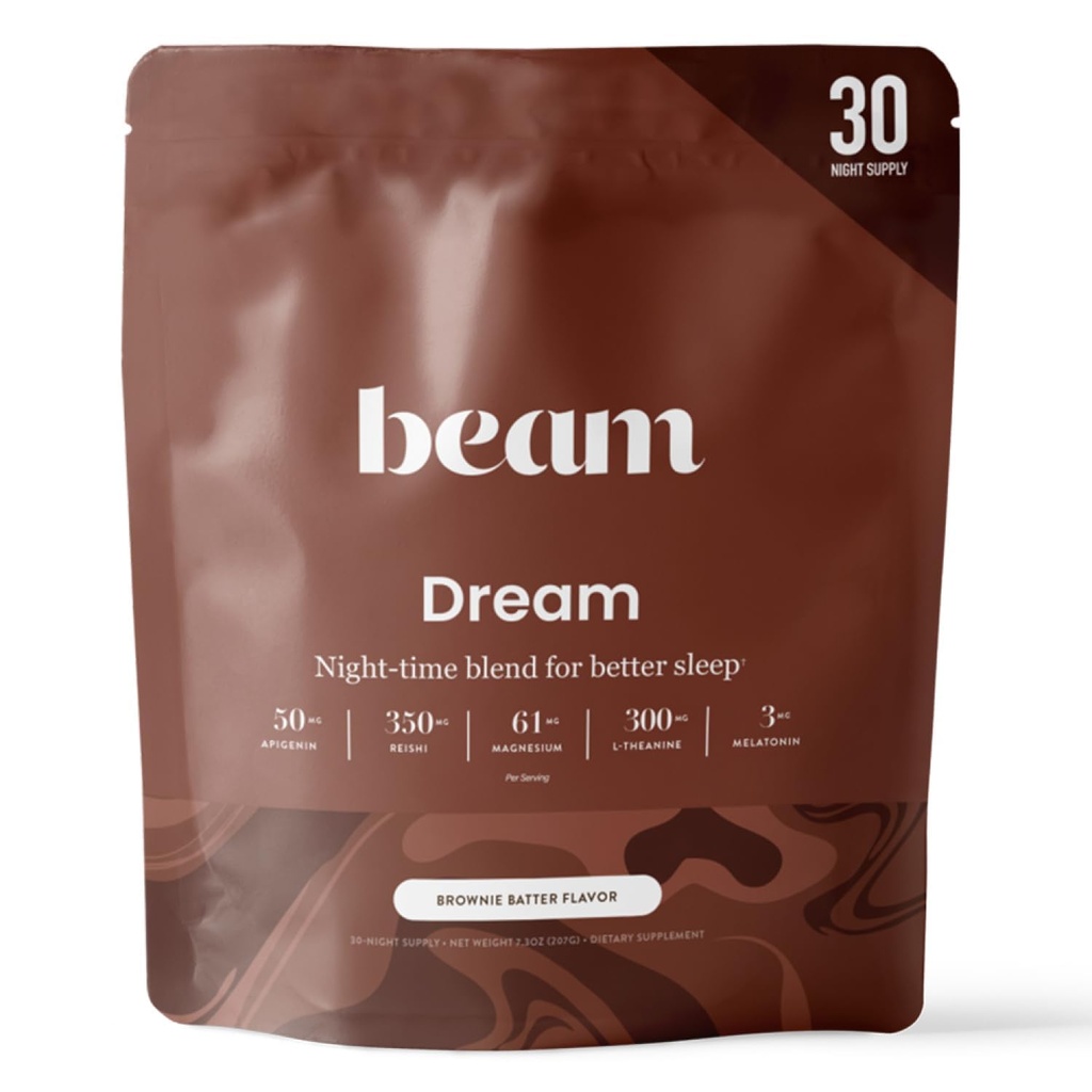 Beam Dream Sleep Powder - Sleep Aid för vuxna med Melatonin, Magnesium, L-Theanine, Reishi Mushroom & Apigenin Sleep Supplement, Sleepy Cocoa Bedtime Drink Mix, Brownie Batter Flavor, 30 Servings