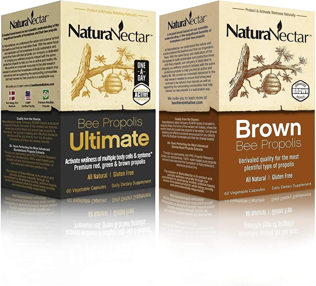 NaturaNectar Natural Bee Propolis Bundle - Bee Propolis Ultimate och Brown Bee Propolis - för Immune, Cardiovascular och Respiratory Systems Support - 60 kapslar per flaska