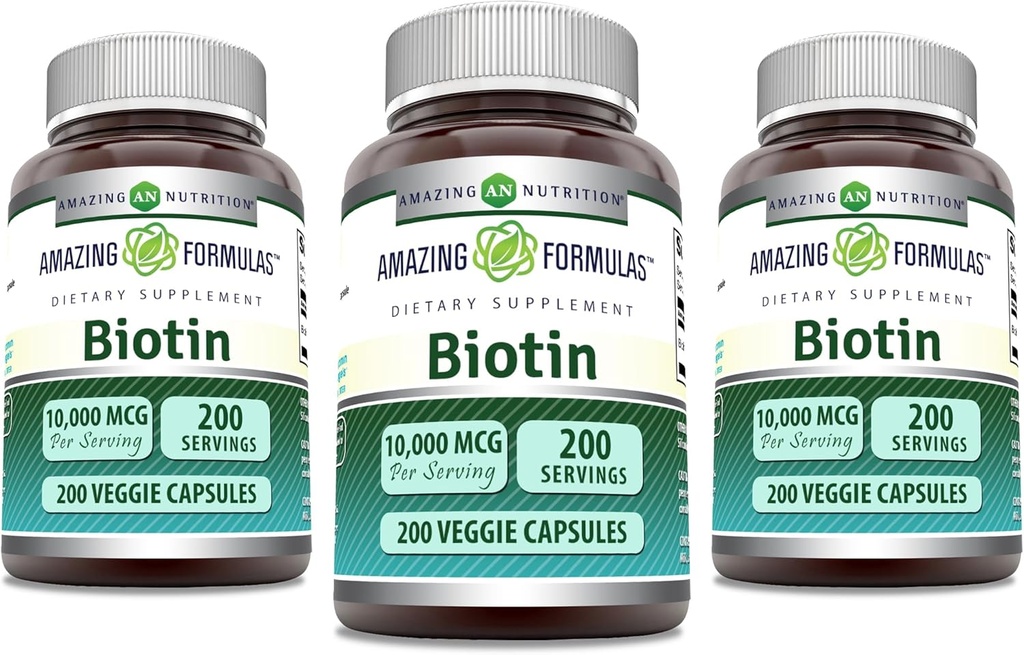 Fantastiska formler Biotin 10000 mcg Veggie Capsules | Vitamin B7 Supplement | Non-GMO | Gluten Free | Made in USA (200 greve | 3 Pack)