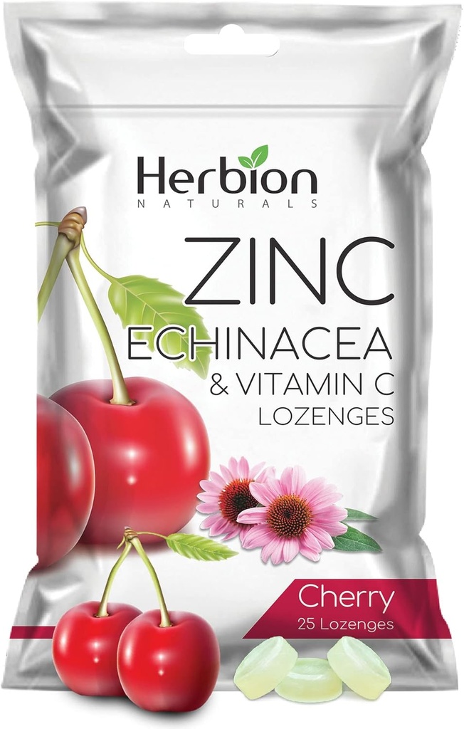 HERBION Naturals Zinc, Echinacea & Vitamin C Lozenges 25 CT, Dietary Supplement for Adults & Children 5+, Promotes Wellness for The Whole Family, 25 Count, Cherry, Pack of 1