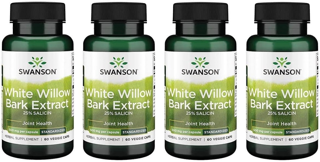 Swanson Maximum Strength White Willow Bark Extract-Promotes Joint Support & Muscle Relief-Standardized till 25% Salicin-Natural Supplement med No Stomach Irritation (60 Veggie Caps, 500mg Varje) 4 Pack