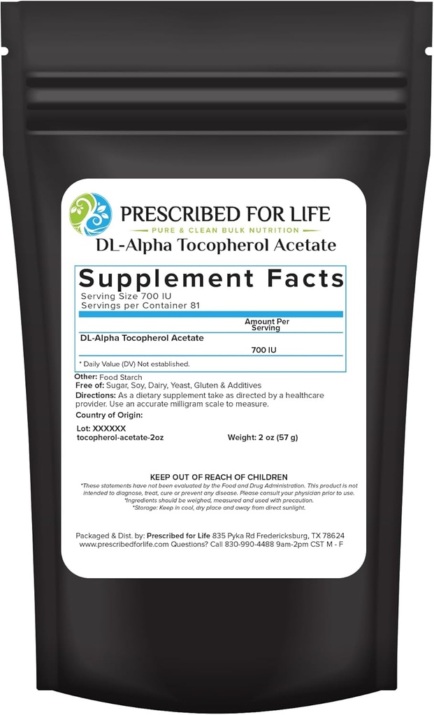 Förskriven för livstokoferolacetatpulver, vattenlöslig Alpha Vitamin E, 700 IE gm Powder, Vegan, Gluten Free, Non GMO (2oz / 56g)