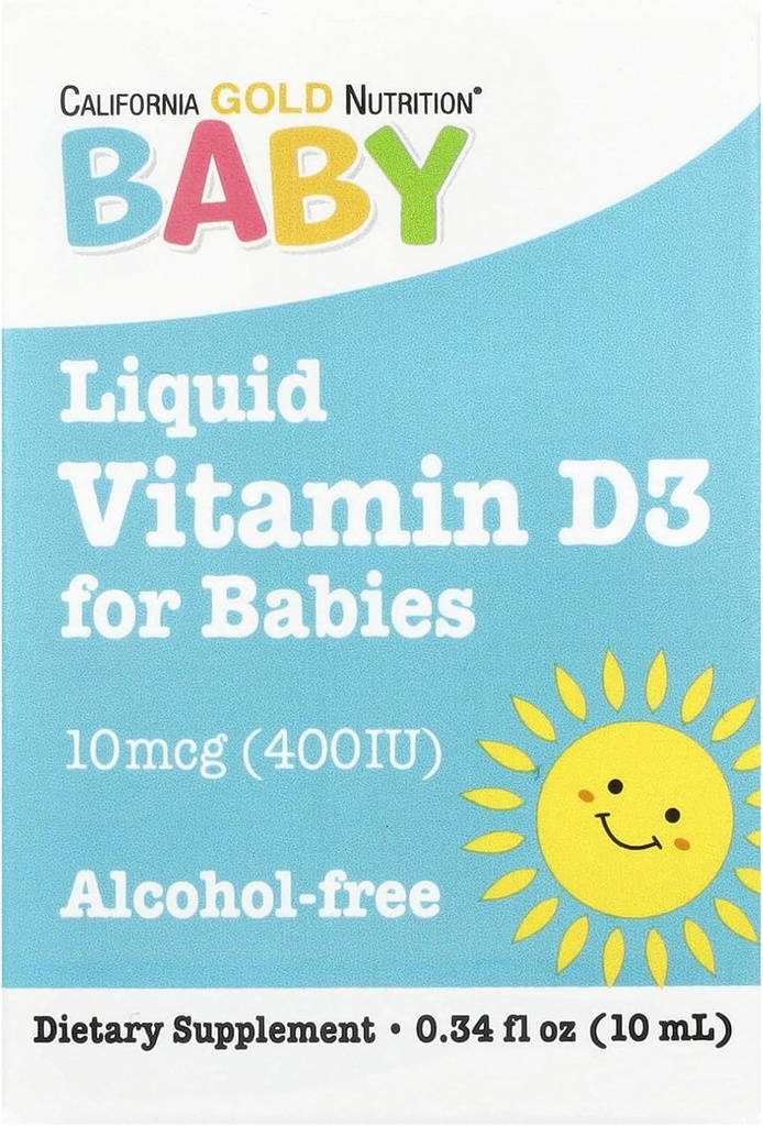 Kalifornien Gold Nutrition Baby Vitamin D3 Liquid D3 Supplement för spädbarn, vegetariskt vänligt - utvecklingsstöd - Alkohol & Gluten Free, Non-GMO - 10 mcg (400 IE) - 0,34 fl oz (10 ml)