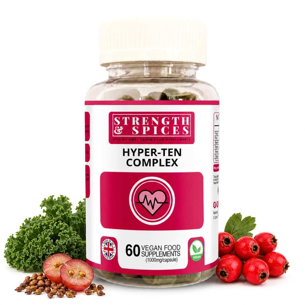 Styrka & Spices Hypertensupport 100% naturligt tillskott för immunsystem & hjärthälsa - 15 ingredienser w Hawthorn Berry, Grape Seeds & Berries - 60 Vegan UK Made 1000mg kapslar