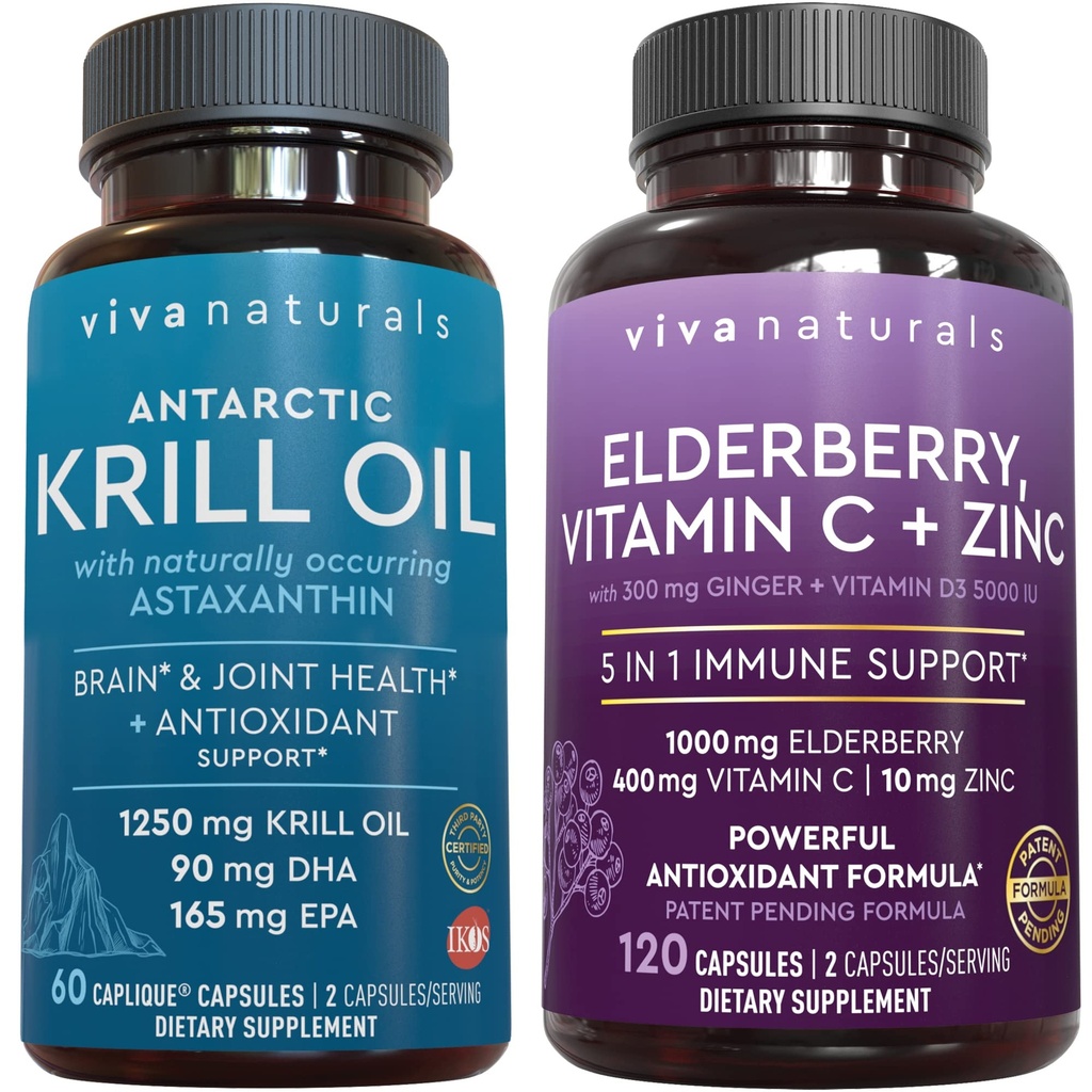 Viva Naturals Antarctic Krill Oil och Elderberry, Vitamin C, Zink och Vitamin D3 5000 IE Bundle, 1250 mg Krill Oil som ger Omega 3 EPA och DHA för gemensam hälsa, Elderberry för immunstöd