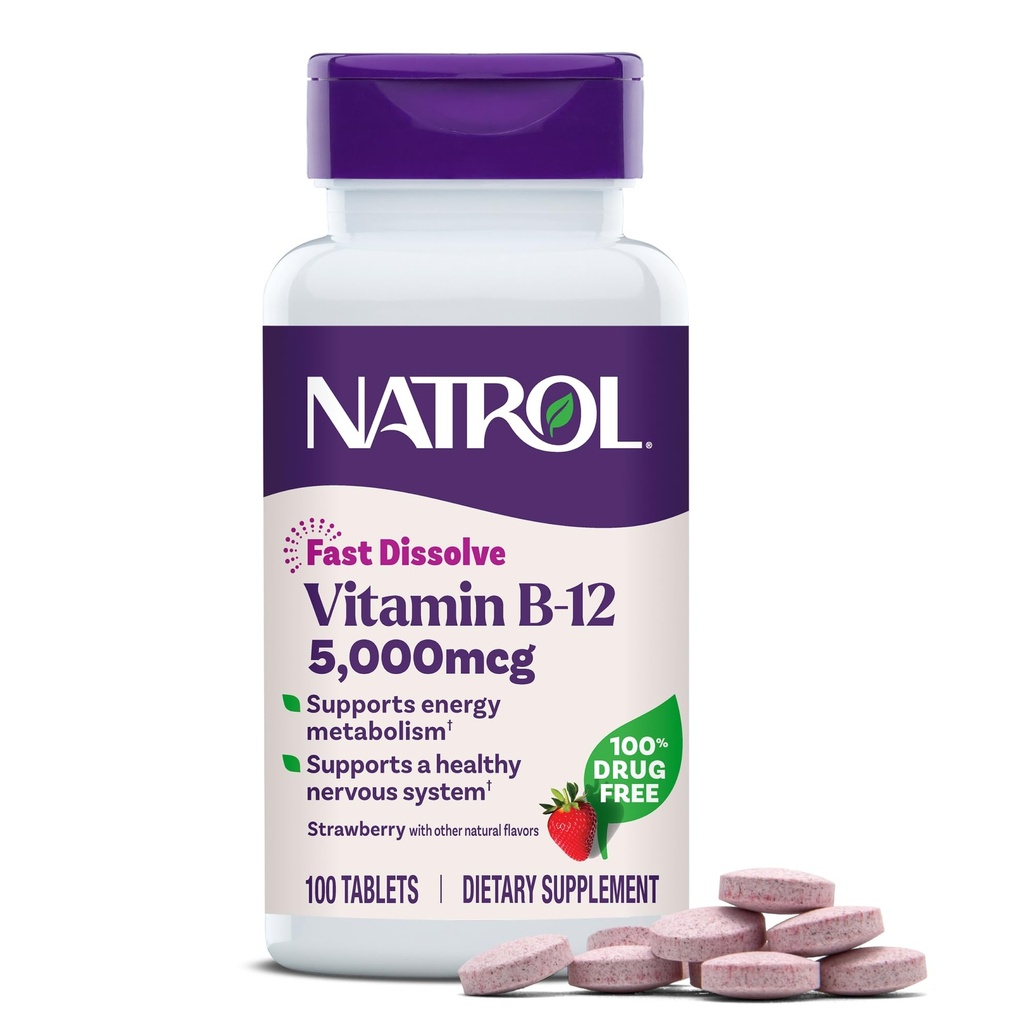 Natrol Vitamin B12 5 000 mcg, Fast Dissolve Vitamin B12 Supplement stöder ett hälsosamt nervsystem och energimetabolism, 100 tabletter, upp till en 100-dagars leverans