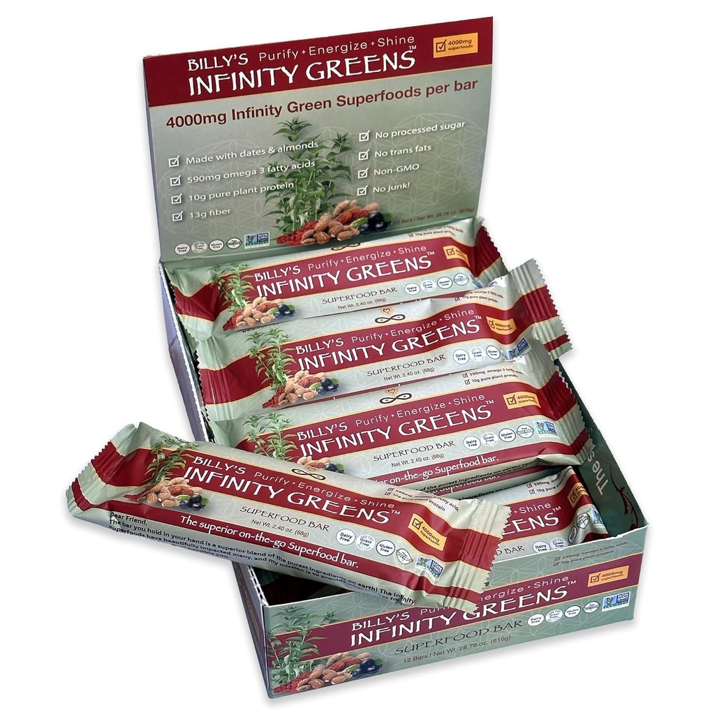 Infinity Greens Superfood Bars, Plant Based Meal Replacement Bar med 4000mg Infinity Greens Superfood Powder, Organic, Raw, Gluten Free, Non GMO (12 barer)