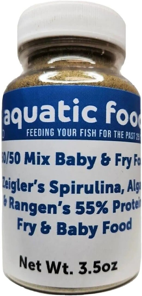Aquatic Foods Inc. 50/50 Mix av Spirulina / Algae Powder och Rangens mjuka fuktig 55% protein Koi & Tropical Fish Fry flytande mat ... 3.5oz flaska