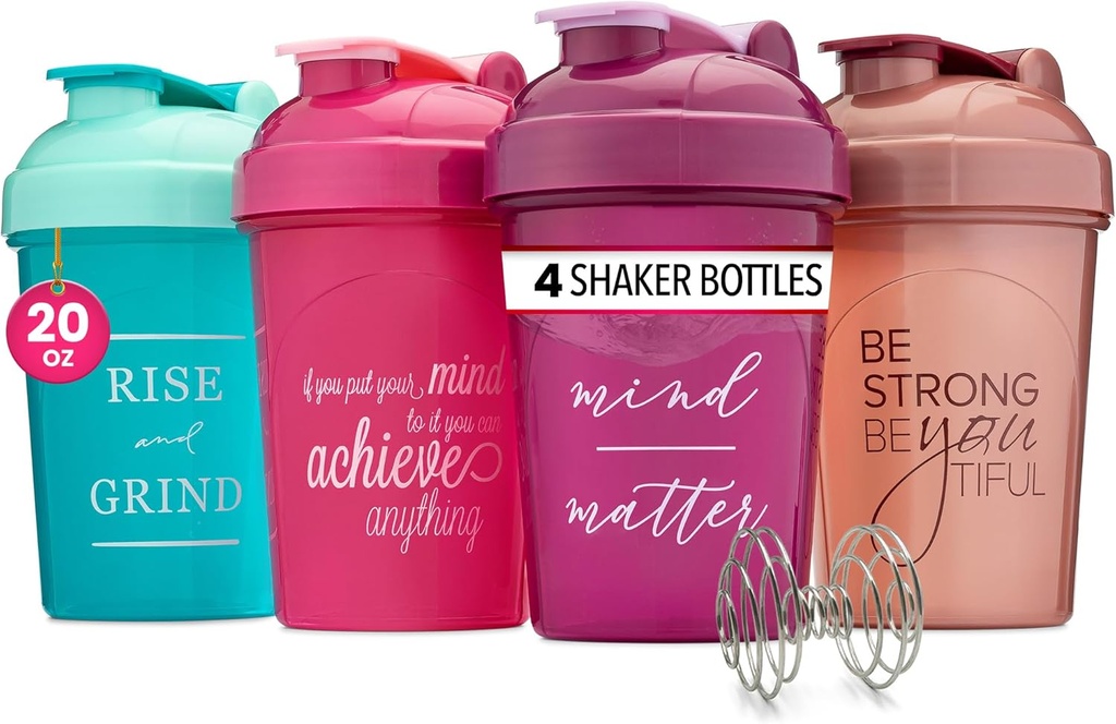 GOMOYO [4-Pack] 20 oz Protein Shaker Bottles | Kvinnors Shaker Cups för Protein Shakes | Small Blender Shaker Bottle Set | Dishwasher Safe med 4x Wire Mixers | Rosa, lila, Teal, Rose
