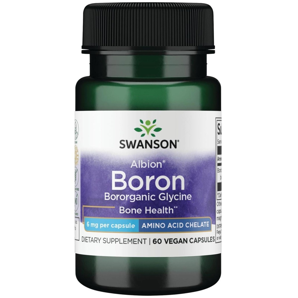 Swanson Boron från Albion - Boroganic Glycine Supplement Supporting Joint Health & Bone Health - High Absorption Formel kan stödja övergripande balans - (60 kapslar, 6mg vardera)