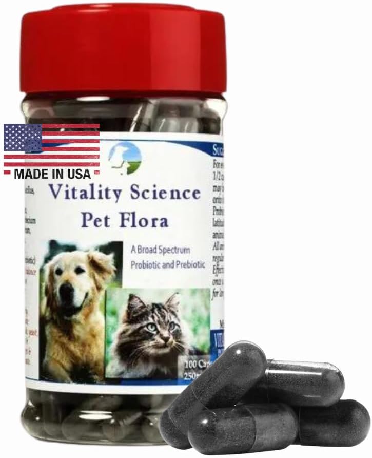 Vitality Science Pet Probiotic för katter och hundar | Pet Flora - Perfekt för diarré, kräkningar, gas, hudförhållanden - Additiv fri (50 Caps)