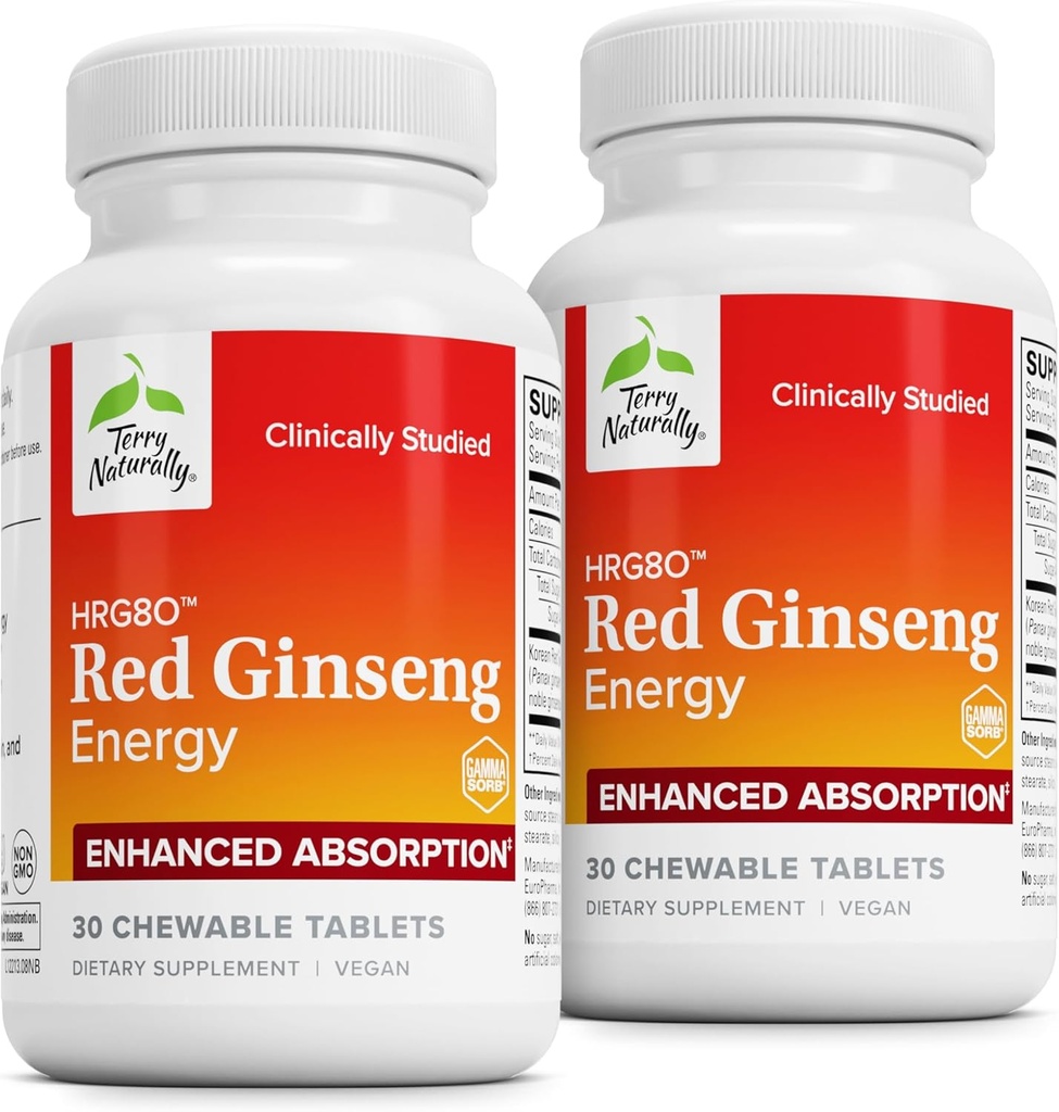 Terry Naturligt HRG80 Red Ginseng Energy - Stöd Hälsosam energi & Fokus - Herbal Supplement med koreanska röda Ginseng Root Powder - Tabletter för att hjälpa till Hälsosam uthållighet - 30 Tabletter (Pack av 2)