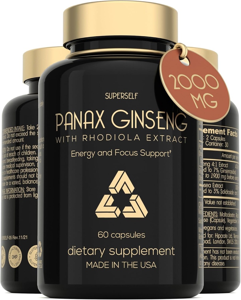 Panax Ginseng och Rhodiola Rosea 2000mg - Koreanska Ginseng High Strength 60 Capsules - Herbal Supplement för Män & Kvinnor - Energikomplex med Ginseng Root Extract Standardized 7% Ginsenosides - USA Made