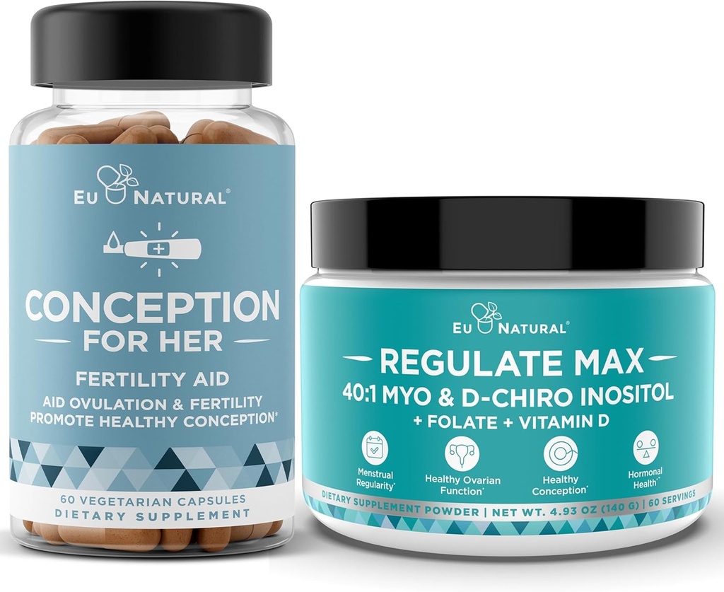 Konception för hennes kapslar + Regulera MAX Myo-Inositol D-Chiro Inositol Powder - Fertilitetsstöd, Hormonbalans, Regulera cykler - 60 vegetariska mjuka kapslar + 60 portioner pulver