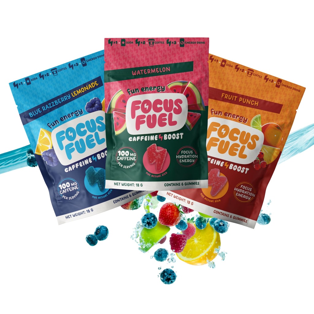 FocusFuel Energy Chews - Trial Size Variety Sample Pack (9 portioner) - 100mg Caffeine + Alpha GPC + L-Theanine + B12, Magnesium - Blue Razzberry Lemonade, Watermelon, Fruit Punch - No Crash eller Jitters