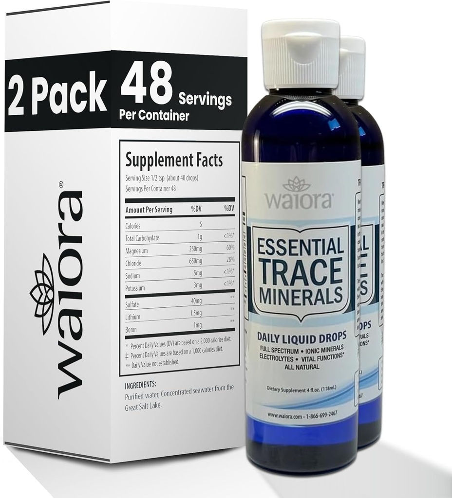 Waiora Essential Trace Minerals | Hjälp att ersätta förlorade / utarmade mineraler | 60 + Ionic Trace Minerals | Stöd Bodys Vital Functions, pH Balance | Plus Electrolytes för Hydration (2 Bott / 96 serv)