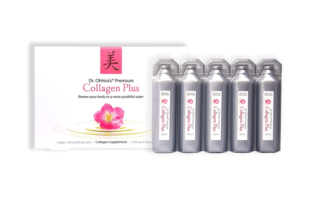 Dr Ohhiras Premium Collagen Plus. Ett flytande enkelt blandbart Kollagentillskott med 7 750 mg Marine Collagen Peptides, Plus Cherry Blossom Extract, och en Plant-Based Probiotic Concentrate, 5 Pack