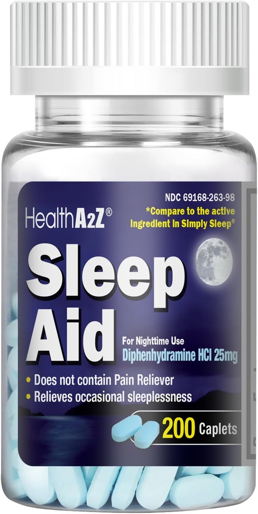 HealthA2Z Sleep Aid 200 Caplets | Diphenhydramine HCl 25mg | Regelbunden styrka sovande piller | Safe & Non-Habit-Forming