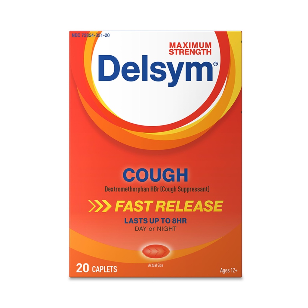 Delsym Maximal Strength Cough Suppressant, Fast Release Caplets, varar upp till 8 timmars dag eller natt, 20 greve