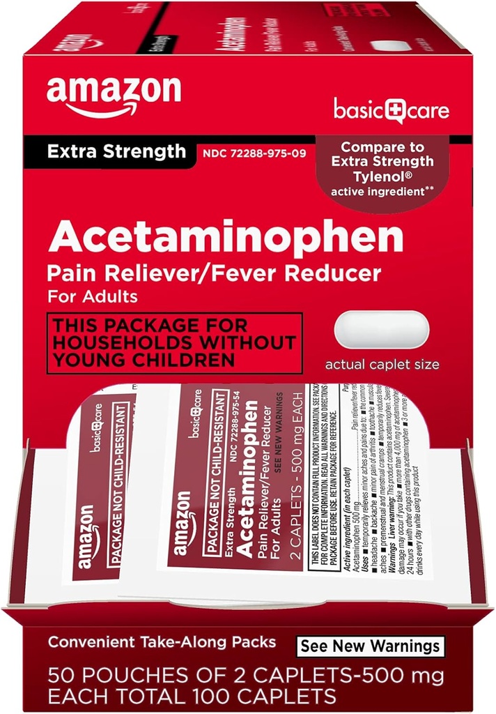 Grundläggande vård - Extra styrka Acetaminophen Caplet 500 mg, 100 greve (50 påsar av 2 kapell)