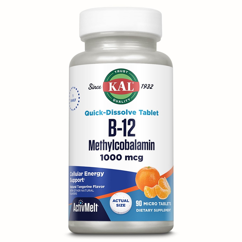KAL Vitamin B12 Methylcobalamin 1000mcg, Hälsosam Energi, Metabolism, Nerve & Red Blood Cell Support, * Snabbupplöst AktivMelt, Optimal Absorption, Natural Tangerine Flavor, 90 Servings, 90 Micro Tabs