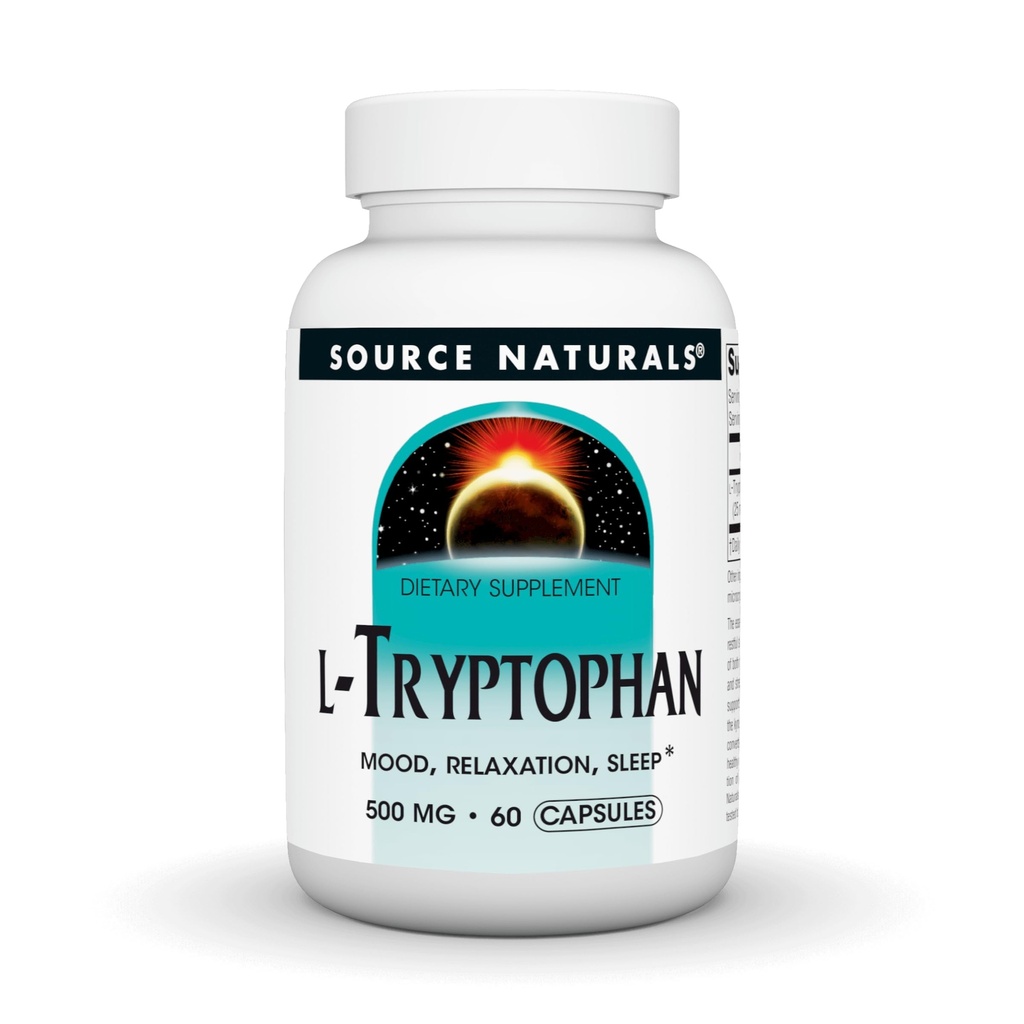 Källa Naturals L-Tryptophan, för humör, avkoppling och sömn *, 500 mg - 60 kapslar