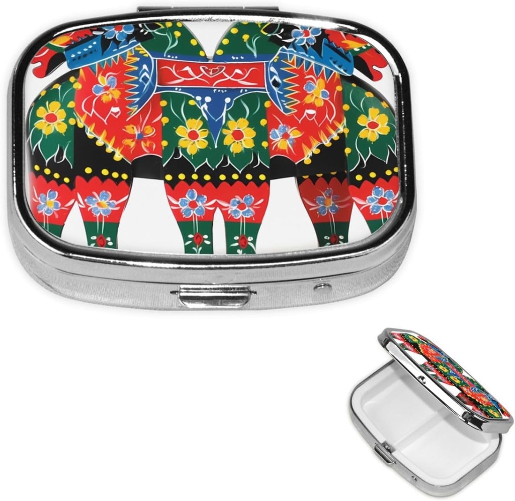 Square Pill Case for Purse or Pocket 2 Compartment Medicine Pill Box Portable Small Pill Organizer Runner Swedish Dala Horse Folk Travel Pillbox Medicine Vitamin Cod Liver Oil Storage Box