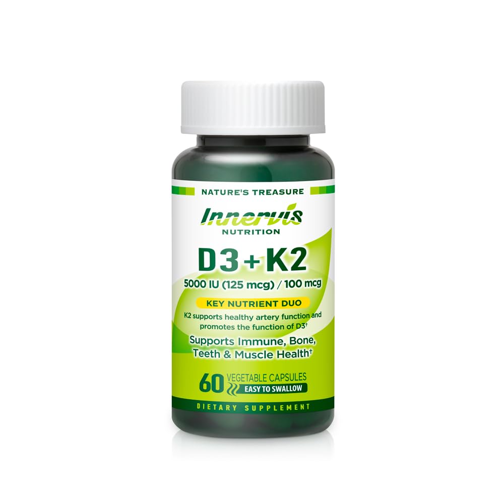 Vitamin D3 5000 IE + K2 MK-7 100mcg - Ben, hjärta och immunstöd, lätt att svälja, 60 kapslar