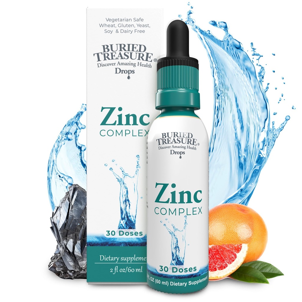 Begravd skatt Zink Komplexa droppar - 30 portioner, 2 m oz, Effektiv och biotillgänglig Ionic Zink Supplement