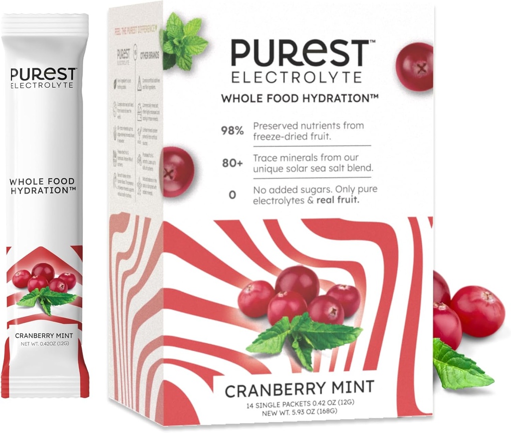 Känn Brainer New! Purest Electrolyte Cranberry Mint Powder Packets - Whole Food Hydration - Organic Freeze-Dried Fruits och Solar Sea Salts för Ultimate Electrolyte Balance
