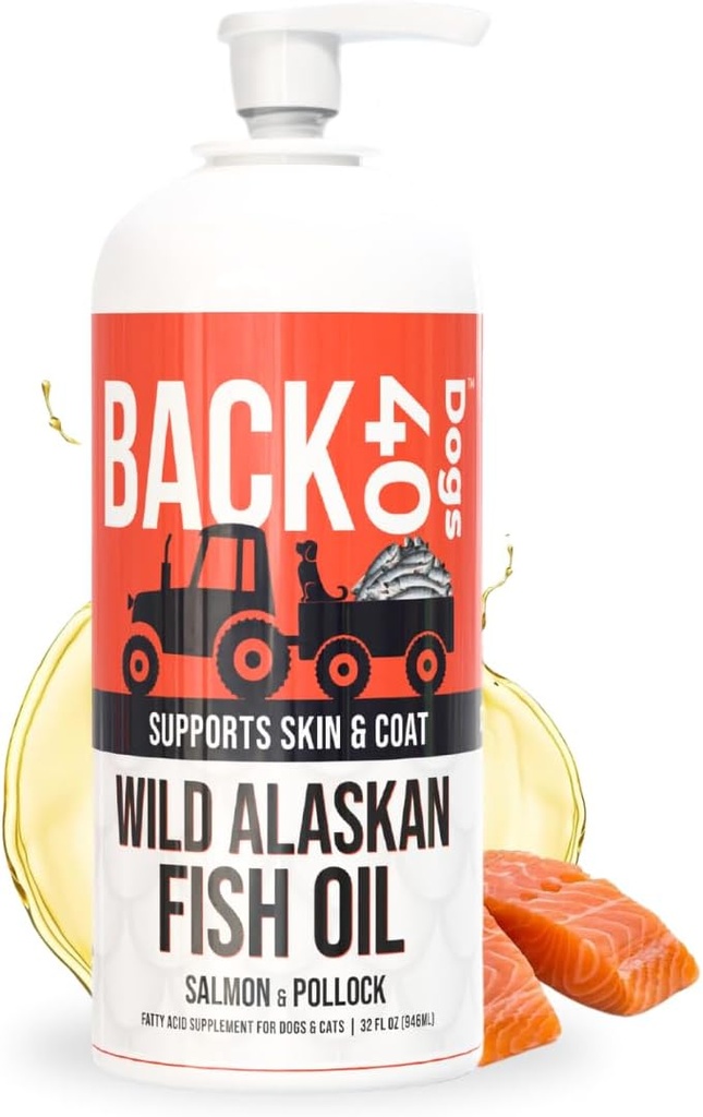 BACK 40 Dogs Wild Alaskan Fish Oil för hundar, hud och päls tillskott för hundar och katter, Omega-3-Rich Salmon och Pollock Oil, EPA & DHA Dog Salmon Oil för hjärna, hjärta och gemensamma 32 fl oz