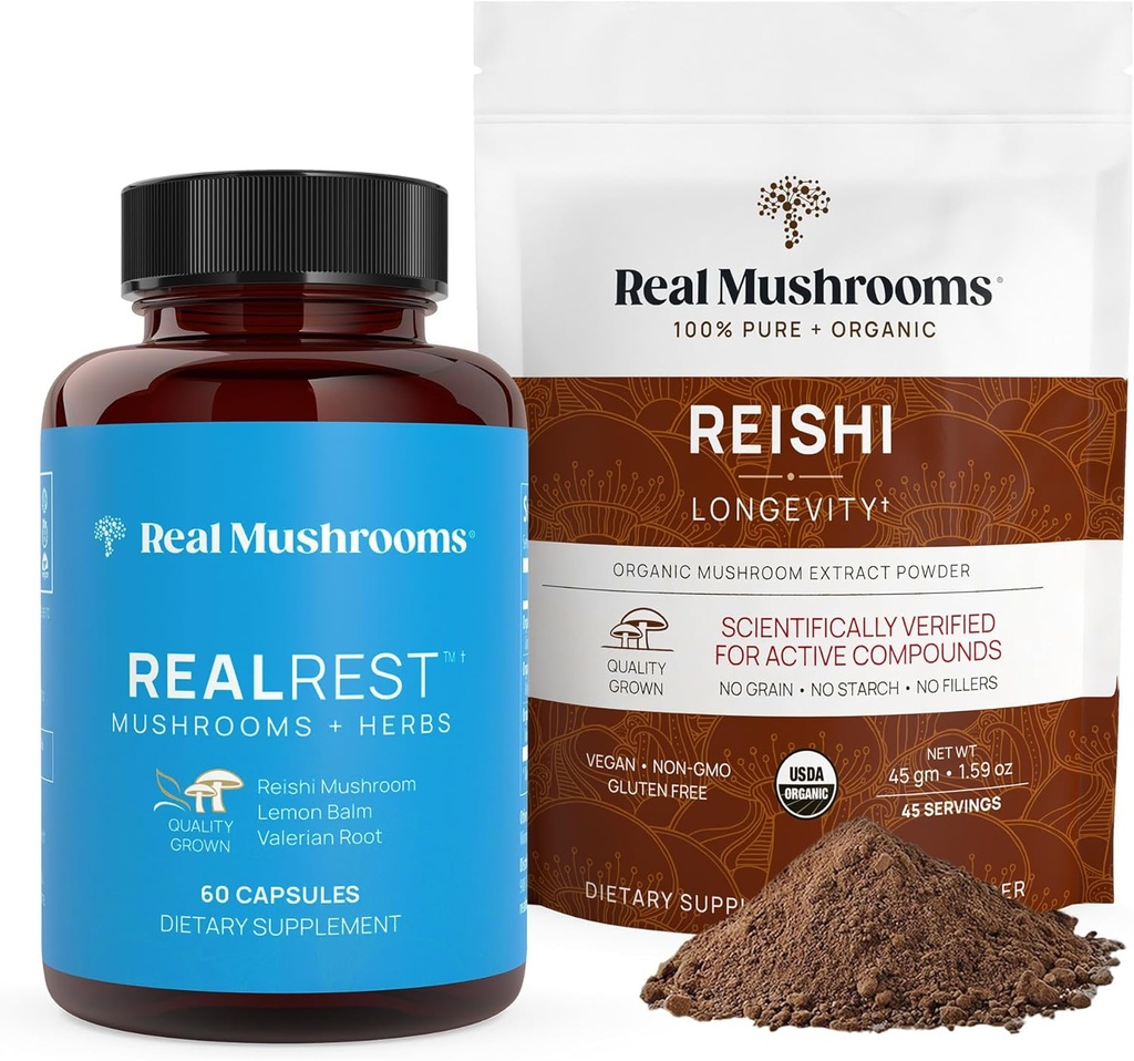 Real Mushrooms RealRest (60ct) kapslar och Reishi Mushroom Powder (45 portioner) Bundle - Mushroom Supplement för Longevity, Daily Immune Support, förbättrad sömn och avkoppling - Vegan, icke-GMO