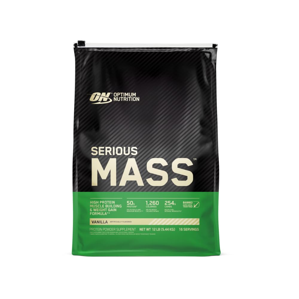 Optimum Nutrition Serious Mass Weight Gainer Protein Powder, Vitamin C och Zink för immunstöd, Vanilla, 12 Pound (Packaging May Vary)
