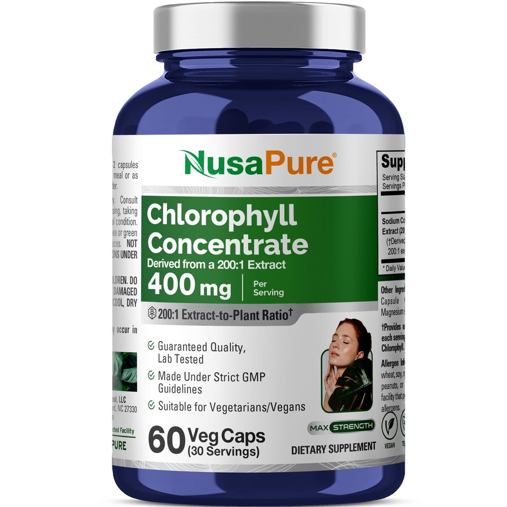 NusaPure Chlorophyll 200:1 Extract, 400 mg Equivalent till 80.000mg 60 Veggie Caps (Equivalent 80000mg per Servering, Non-GMO, Vegan) Natrium Koppar Chlorophyllin