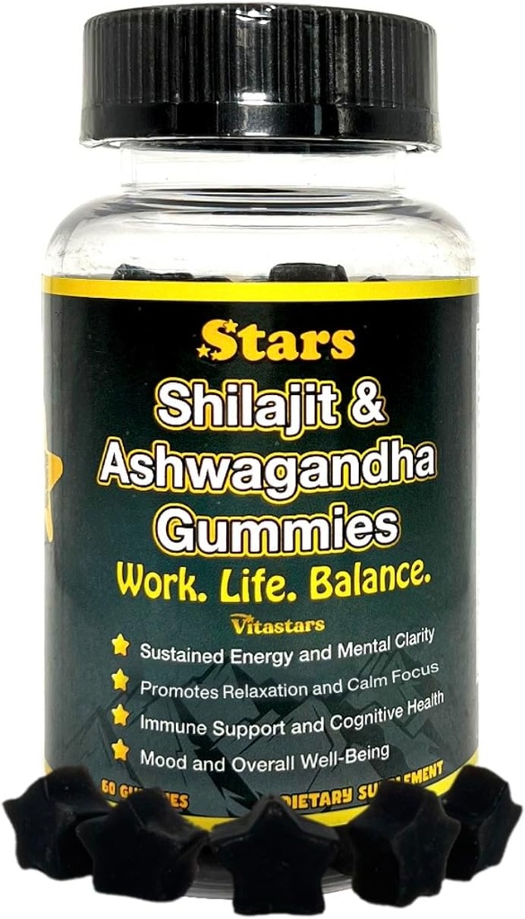 Shilajit Ashwagandha Gummies - Immune Support Supplement med Pure Shilajit Resin - Organic Ashwagandha Gummy för Stress, Energy & Wellness, 60 Natural Star-Shaped Gummies