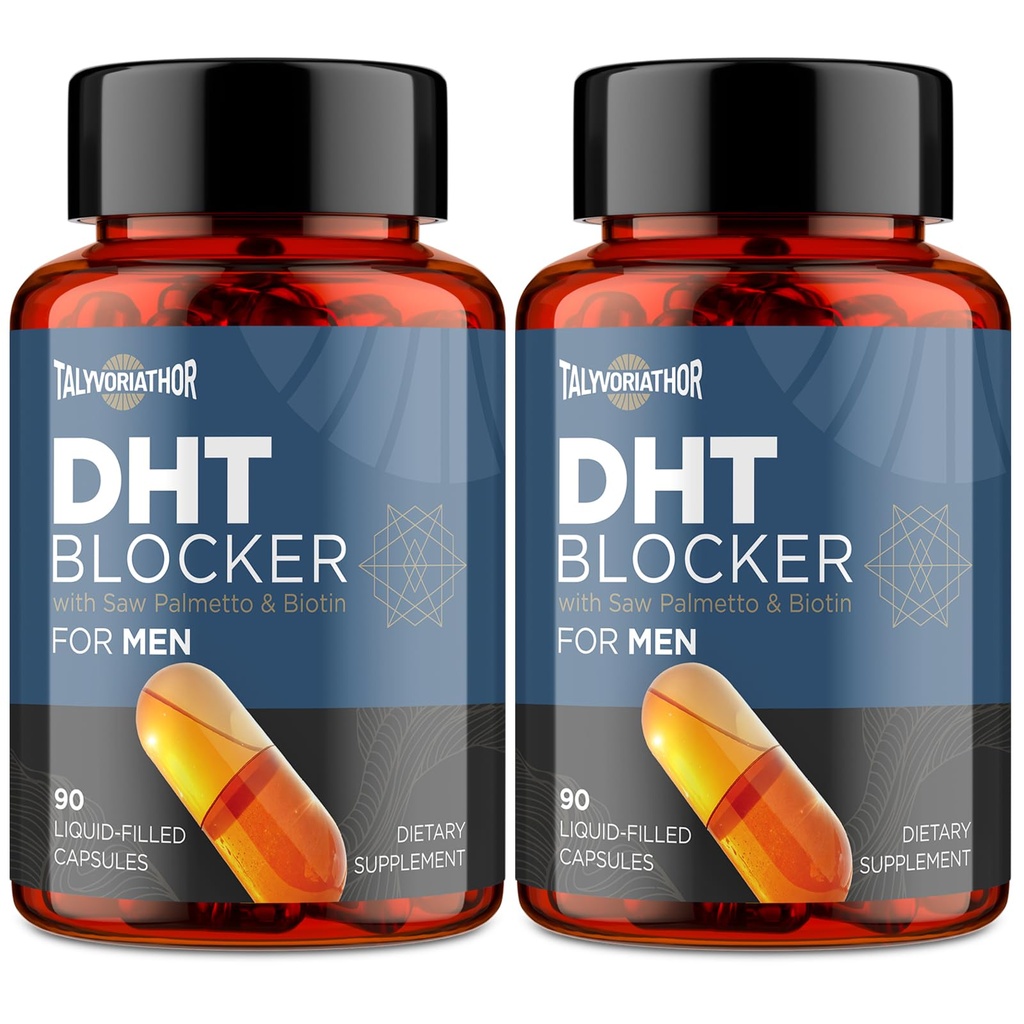 DHT Blocker for Men with Saw Palmetto & Biotin, Hair Growth Formula in Liquid-Filled Capsules, Hair Loss Supplements, Hair Regrowth Vitamins, Proprietary Herbal Blends - 90 Capsules(2 Bottle)