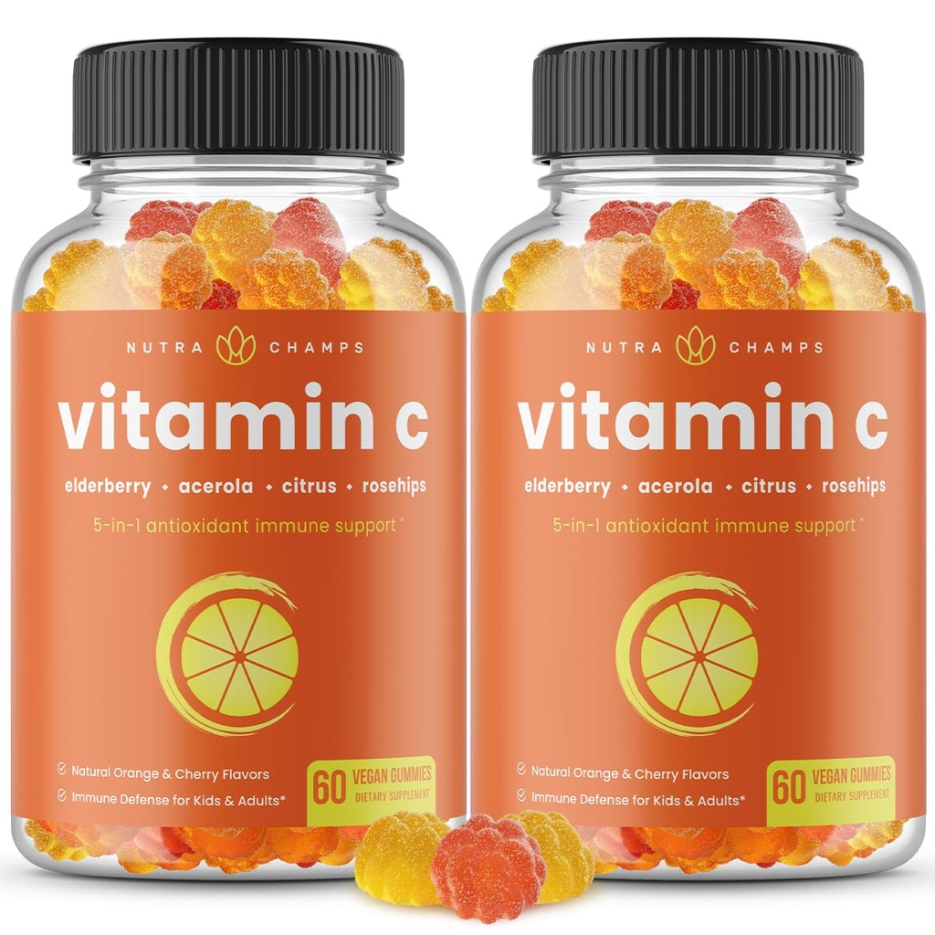 NutraChamps Vitamin C Gummies for Adults & Kids, 5-in-1 Immune System Support with Elderberry, Rosehips, Citrus Bioflavonoids & Acerola Cherry, Immunity Booster Supplement (Pack of 2)